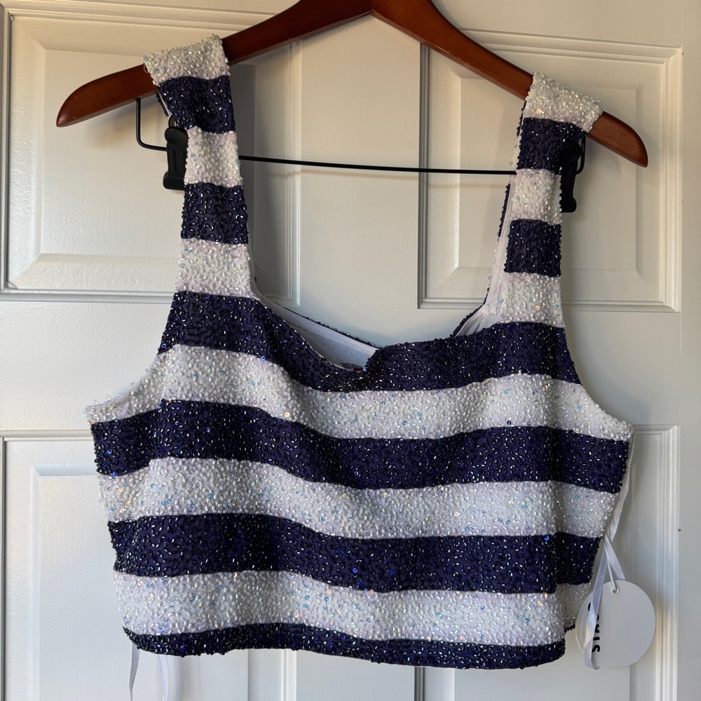 STAUD St. Tropez Sequin-And Bead-Embellished Striped Mesh cropped top